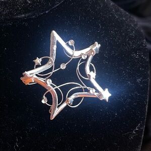 Silver Tone Celestial Star Brooch Crystal Wire Art Statement Pin 2” (3/$25)